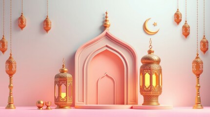 Obraz premium 3D image, modern and luxurious, depicting a Ramadan Kareem background. An ornamental Arabic lantern, a metal moon, and a mosque portal are the focal points (