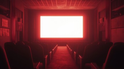 Fototapeta premium People in the cinema auditorium with Cinema blank wide screen and red chairs in the cinema hall,People silhouettes watching movie performance,empty white screen,space for text,copy space.
