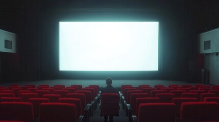 People in the cinema auditorium with Cinema blank wide screen and red chairs in the cinema hall,People silhouettes watching movie performance,empty white screen,space for text,copy space.