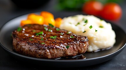 Seared Steak with Creamy Mashed Potatoes and Roasted Carrots