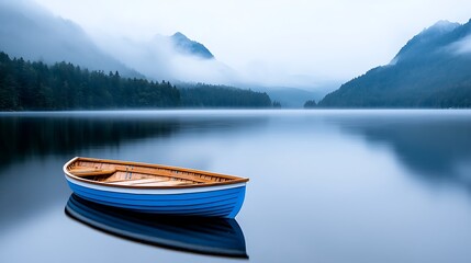 Fototapeta premium Serene Blue Rowboat on a Misty Mountain Lake