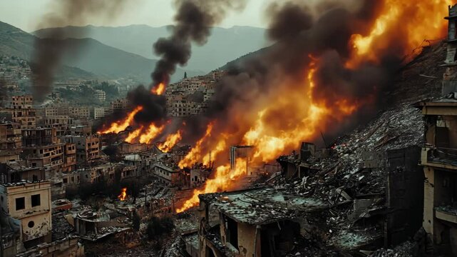 Cinematic wide shot of destroyed buildings on fire in the Middle East, smoke and debris everywhere, war-torn,