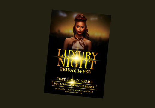 Luxury Night Party Flyer with Stunning Dark Skin Woman in Elegant Brown Dress.