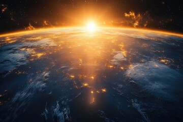 Fototapeta premium Earth from space illuminated by a sunrise with a celestial glow.