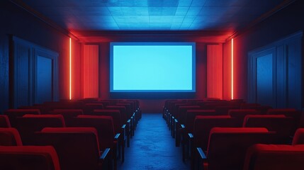 Fototapeta premium People in the cinema auditorium with Cinema blank wide screen and red chairs in the cinema hall,People silhouettes watching movie performance,empty white screen,space for text,copy space.