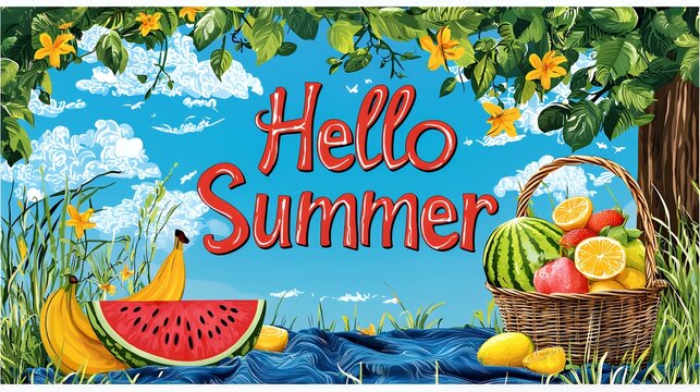 Hello Summer: A Vibrant Picnic Scene with Juicy Fruits and a Sunny Sky