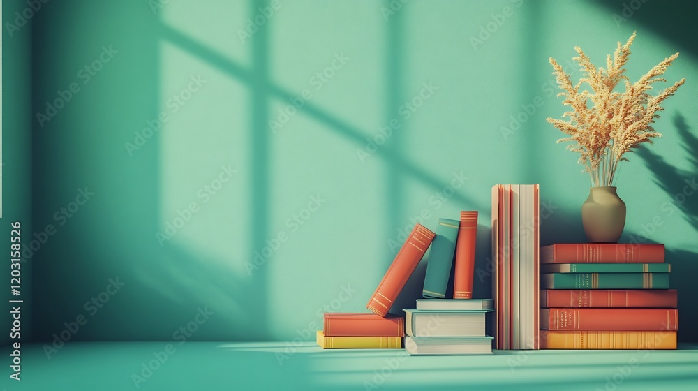 Poster 3d render of an elearning environment with books stacked next to a digital bookshelf set against a b