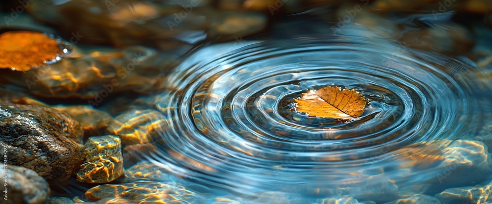 Aufkleber Autumn leaf creating ripples in a calm stream.