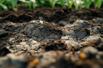 Cracked, dark earth, young plants, fertile soil.