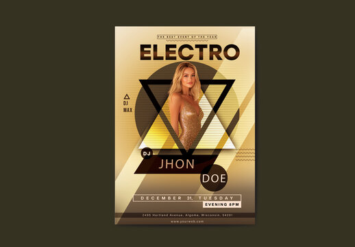 Electro Party Flyer with Elegant Blonde Female Against Abstract Geometric Background.