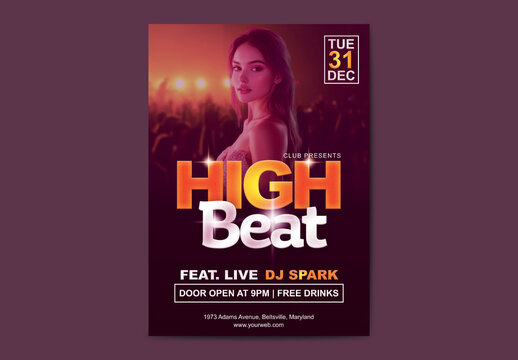 High Beat Party Flyer with Elegant Female in Night Club with People Dancing.