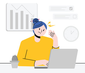 Business woman character working headache with computer laptop