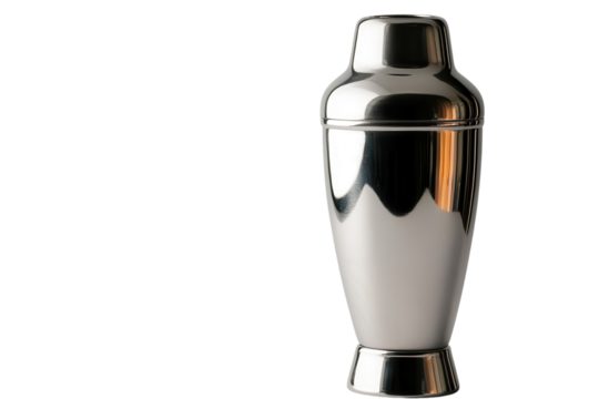 Cocktail shaker displayed on a clean surface highlighting its shiny stainless steel finish and sleek design