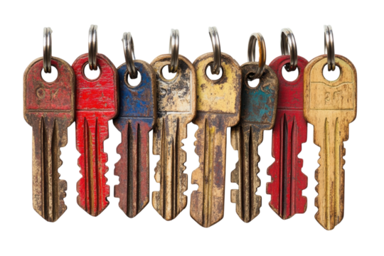 Colorful collection of vintage keys displayed in a straight line with varying colors and conditions under bright lighting