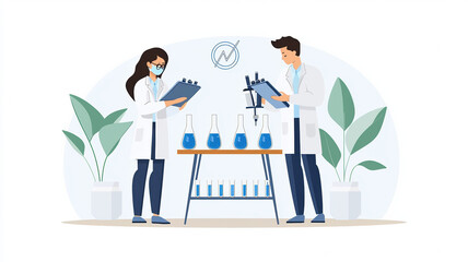 Researchers studying chemical samples in test tubes, analyzing data and conducting experiments in laboratory setting