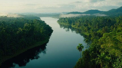 Fototapeta premium Aerial view of lush rainforest river