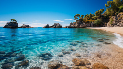 Fototapeta premium Beautiful rocky beach with clear turquoise water and sandy shore under a bright sunny sky in summer