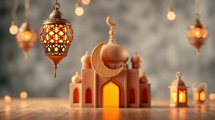 Obraz premium 3D render celebrating Ramadan Kareem. An Arabic lantern, a crescent moon, and a mosque portal are the focal points, crafted from textured papier-mâché in dynamic motion. Blurred background