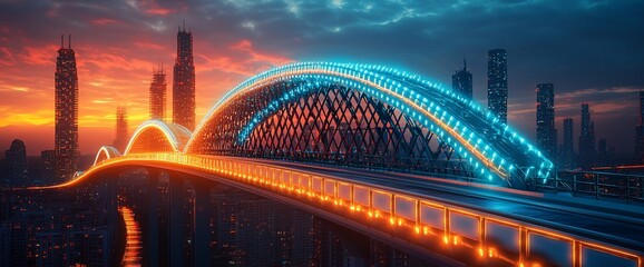 Obraz premium Futuristic city bridge at sunset with vibrant lights.