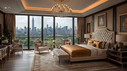 Fototapeta premium Luxury Manhattan bedroom suite, city view, interior design