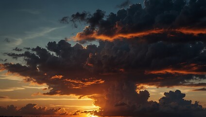 Sunset in the mountains . A dramatic sunset with dark clouds