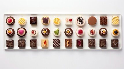 Meticulously arranged symmetrical display of an assortment of delectable gourmet desserts including cakes cupcakes macarons and other confectionery treats against a clean white canvas background