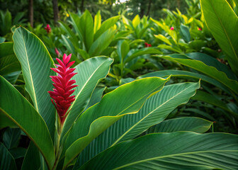Obraz premium tropical flower in the garden, Vibrant green leaves of Red Ginger Alpinia surround a striking red flower with delicate petals, adding a pop of color to a lush tropical scene