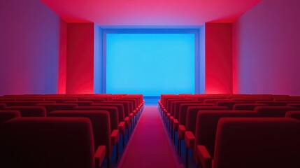 Fototapeta premium People in the cinema auditorium with Cinema blank wide screen and red chairs in the cinema hall,People silhouettes watching movie performance,empty white screen,space for text,copy space.
