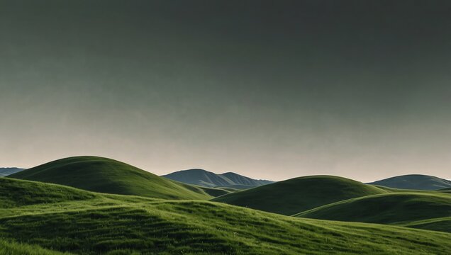 Landscape with mountains . A landscape image showcases smooth, rolling green hills against a gray sky.