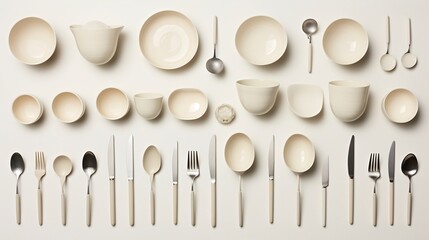 A grid of twelve symmetrically displayed tableware items including cups bowls plates and spoons on a clean white background creating a minimalist and elegant still life composition