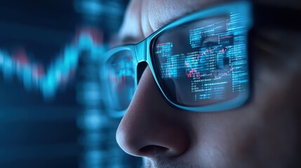 Binary code vision, man in glasses embraces the digital future of technology and human interface