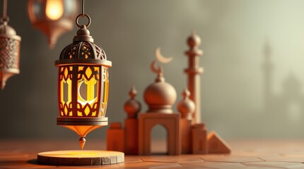 Obraz premium 3D render celebrating Ramadan Kareem. An Arabic lantern, a crescent moon, and a mosque portal are the focal points, crafted from textured papier-mâché in dynamic motion. Blurred background