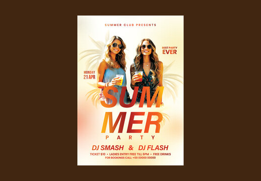 Summer Party Invitation Card with Happy Two Beautiful Women Enjoy Cold Drink on the Beach.