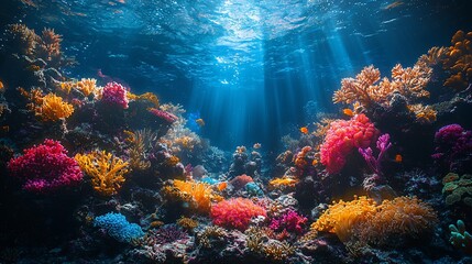 Fototapeta premium Vibrant coral reef teeming with colorful fish, bathed in sunlight.