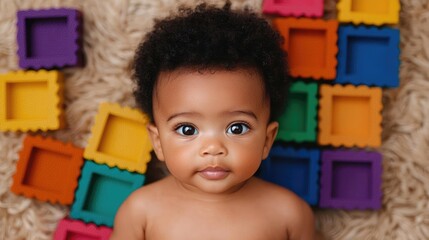 Baby playing with colorful blocks on a rug