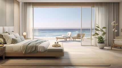 A luxurious bedroom with floor-to-ceiling windows offering a stunning ocean view, featuring modern furniture, natural light, and a serene ambiance for relaxation.