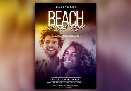 Beach Festival Night Party Flyer with Happy Couple Image and Event Details.