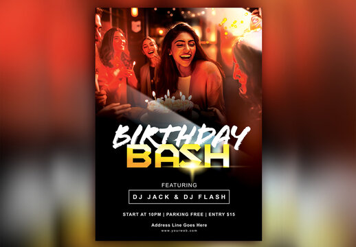 Birthday Bash Party Flyer with Event Details for Advertising.