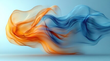 Abstract fluid shapes in vibrant orange and blue swirling together against a soft gradient background