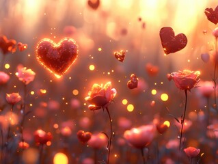 Obraz premium Glowing Hearts Roses Romantic Valentine s Day Background