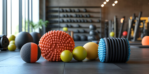 Modern gym with fitness equipment and exercise balls in a contemporary workout space, Contemporary gym with colorful fitness equipment and exercise tools