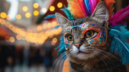 A festive tabby cat wearing a vibrant feathered mask adorned with glitter. The colorful setting and bokeh lights in the background suggest celebration and whimsy, perfect for party or holiday themes