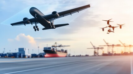 Airplane in flight above container, a glimpse into global logistics and transportation