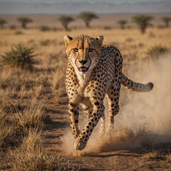 Naklejka premium A cheetah sprinting across a golden plain with dust clouds trailing behind.