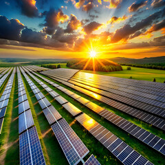 Majestic Solar Farm at Sunset. Clean Energy and Environmental Conservation