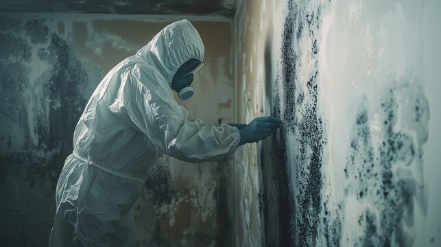 Worker in protective gear removing mold from a wall after water damage.