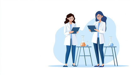 Laboratory scientists conducting experiments with glassware and tablets