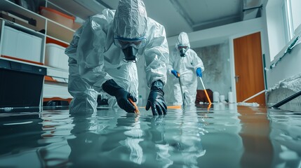 Obraz premium Workers in protective suits clean flooded room, symbolizing resilience and recovery.