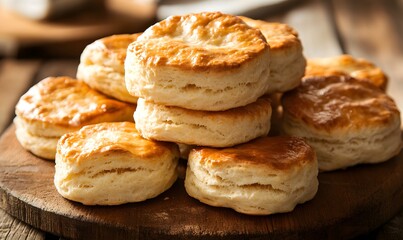 A close-up of freshly baked southern biscuits stacked on a wooden board, Generative AI