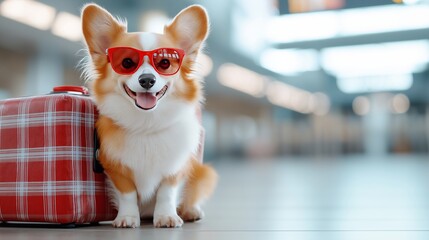 A cheerful corgi wearing red sunglasses sits beside a plaid red suitcase in a brightly lit modern airport. The playful and stylish setting highlights travel and adventure